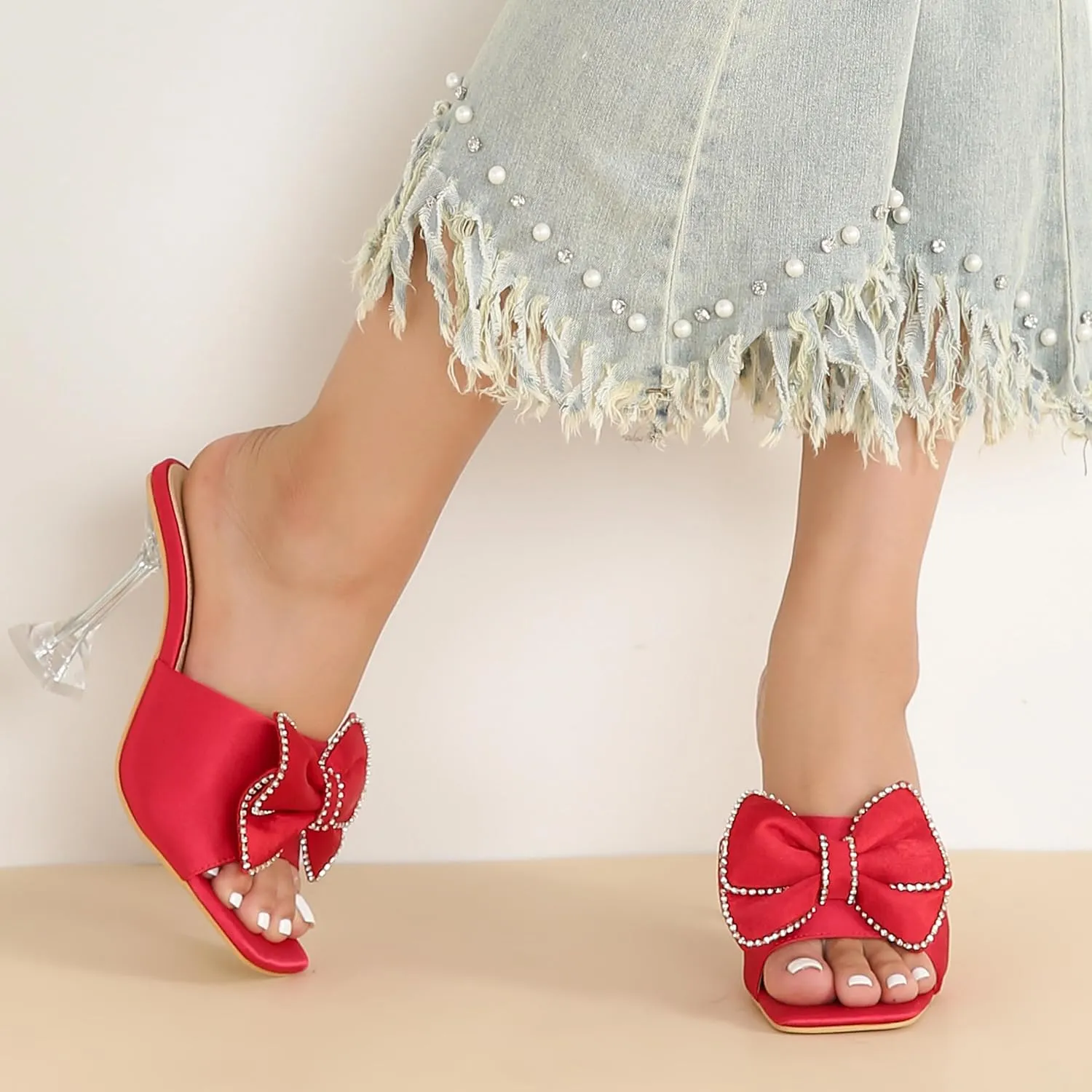 Women's Bowknot High Heel Mule Sandals Clear Heels Square Toe Satin Bow Mules Backless Slip on Slippers Comfortable Wedding Party Dress Shoes