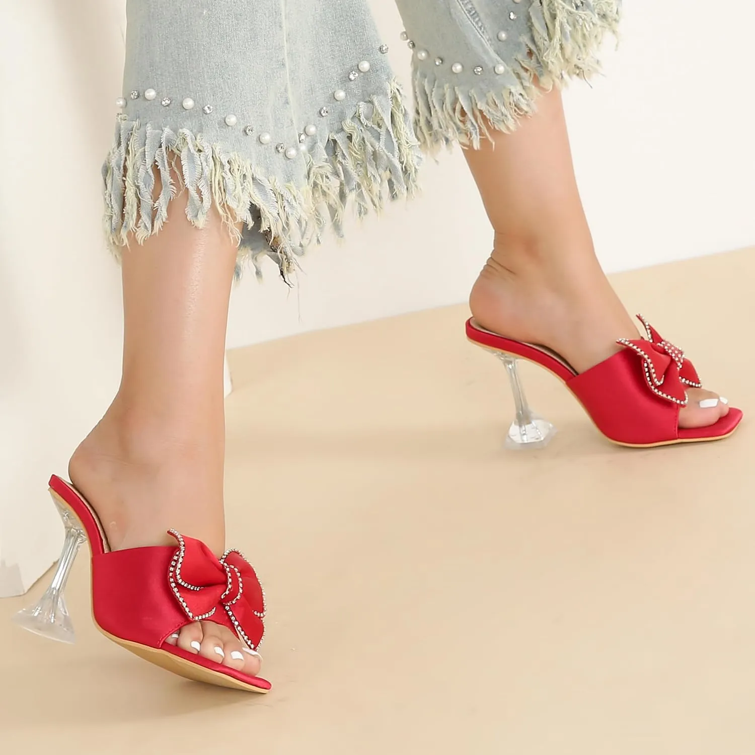 Women's Bowknot High Heel Mule Sandals Clear Heels Square Toe Satin Bow Mules Backless Slip on Slippers Comfortable Wedding Party Dress Shoes