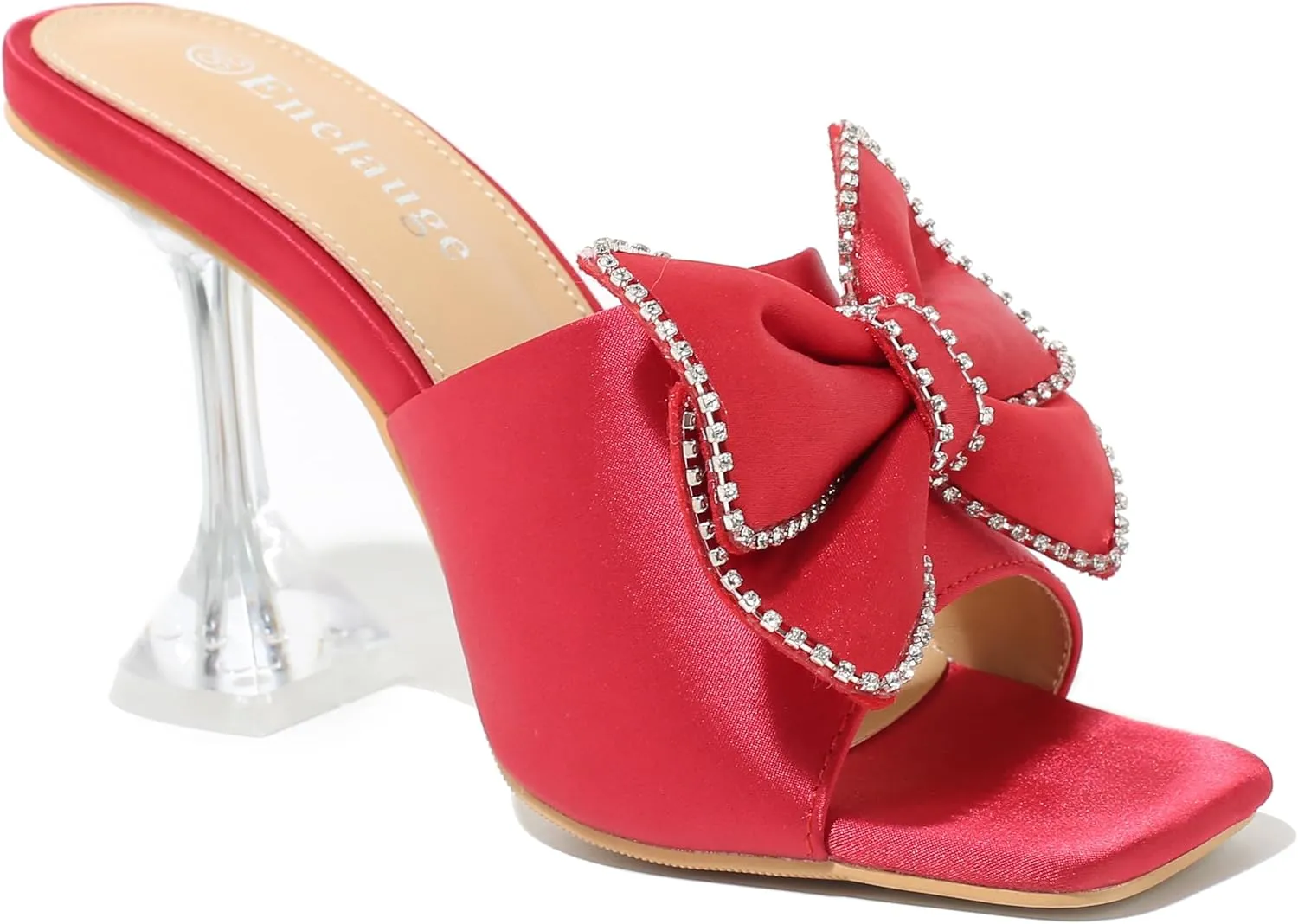 Women's Bowknot High Heel Mule Sandals Clear Heels Square Toe Satin Bow Mules Backless Slip on Slippers Comfortable Wedding Party Dress Shoes