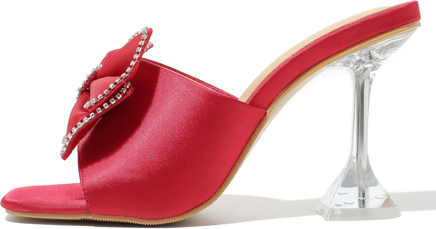 Women's Bowknot High Heel Mule Sandals Clear Heels Square Toe Satin Bow Mules Backless Slip on Slippers Comfortable Wedding Party Dress Shoes
