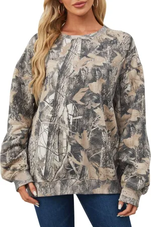 Womens Camo Sweatshirt Maple Leaf Print Oversized Camo Crewneck Sweatshirt Fleece Pullover Hoodies Long Sleeve