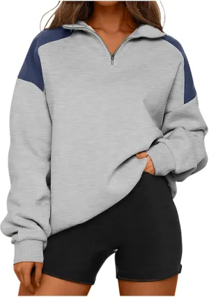 Women's Color Matching Sweatshirts Long Sleeve Hoodies Quarter Zip Fleece Pullover 2024 Fashion Casual Clothes