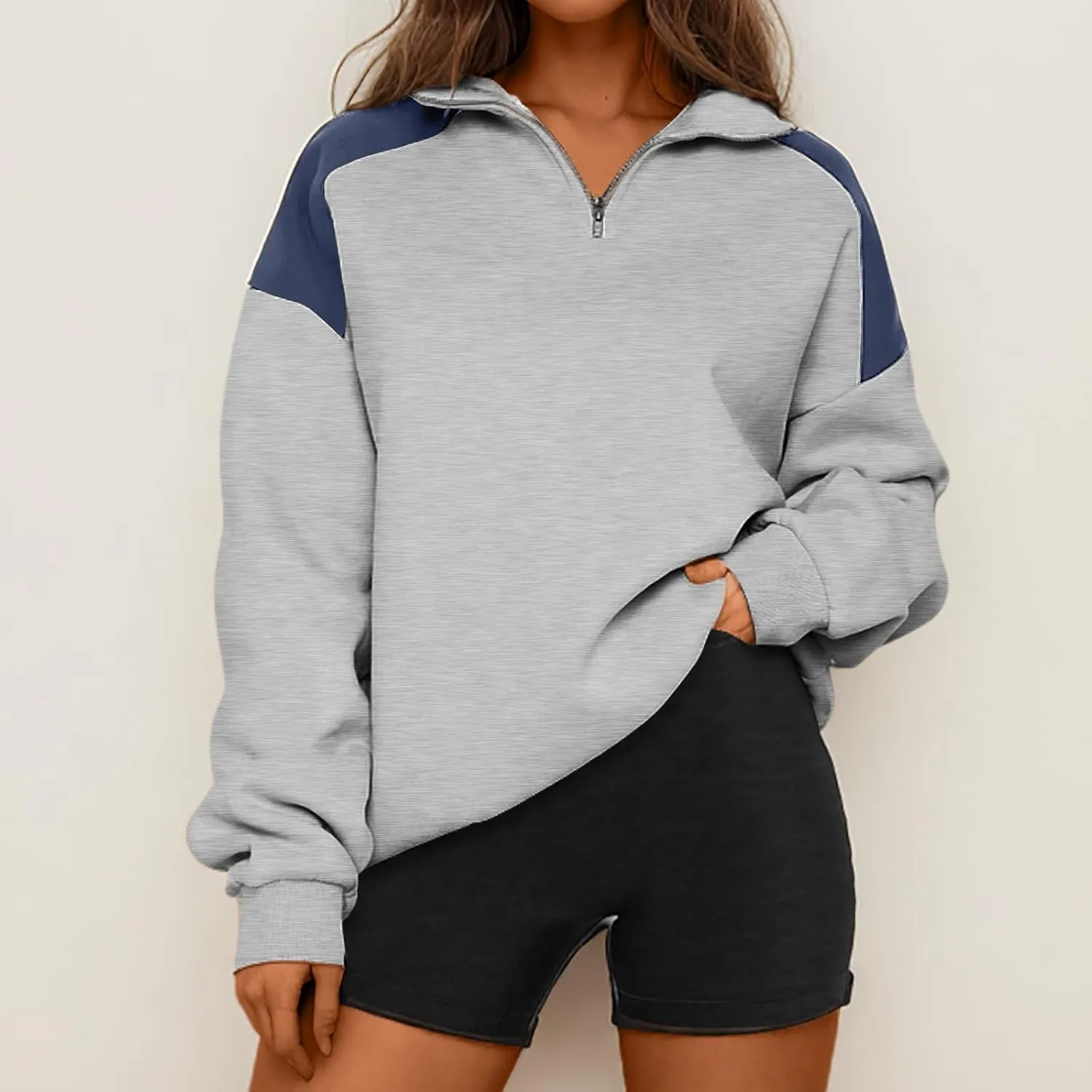 Women's Color Matching Sweatshirts Long Sleeve Hoodies Quarter Zip Fleece Pullover 2024 Fashion Casual Clothes