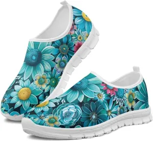 Women's Comfortable Sneakers Colorful Florals Low Top Casual Shoes Lightweight Popular No Laces Slip On Breathable Mesh Shoes for Party Size 5.5-11.5 White Sole