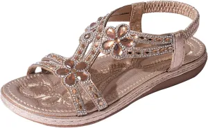Women's Comfortable Vacation Sandals Casual Summer Comfortable Walking Shoes Rhinestone Decorative Sandals