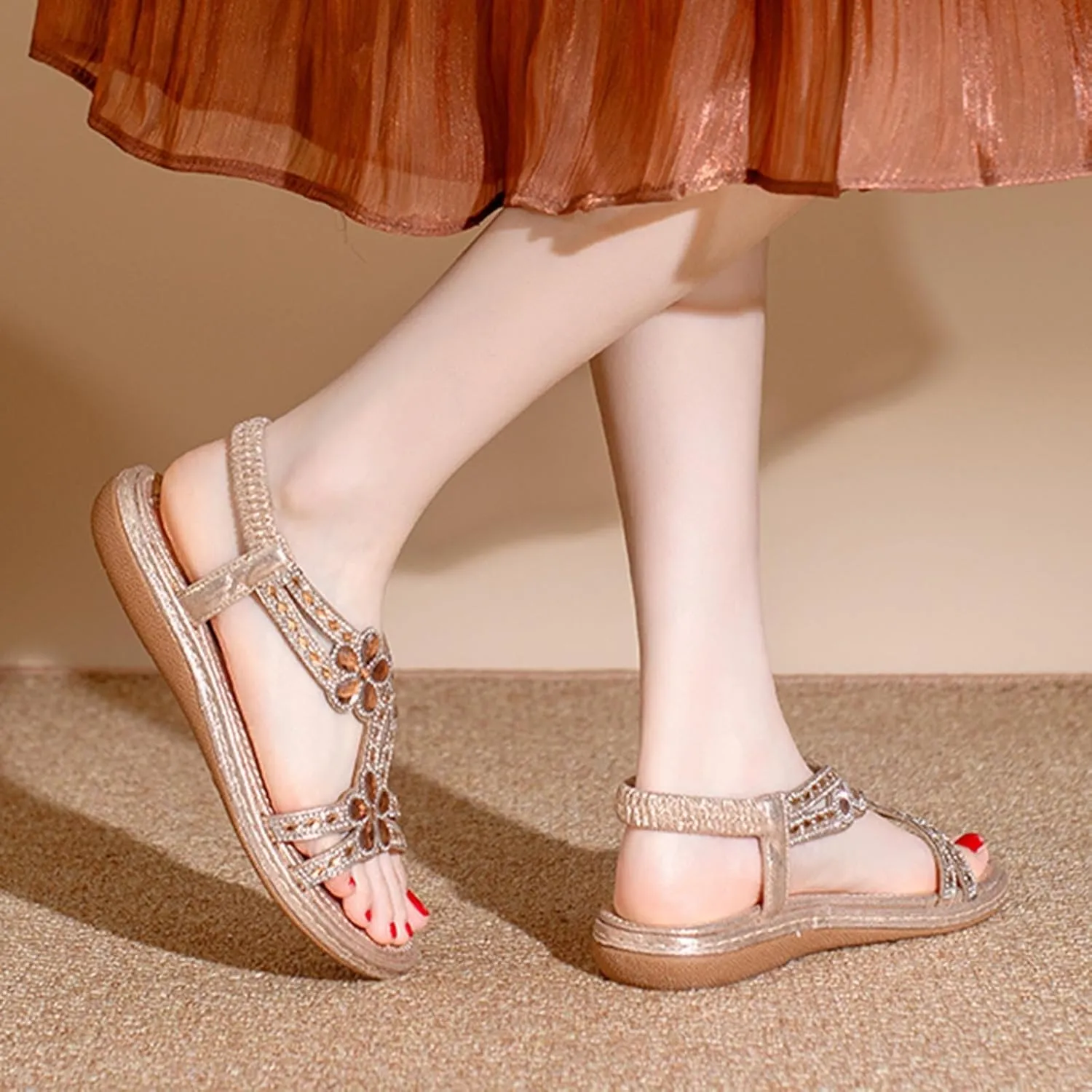Women's Comfortable Vacation Sandals Casual Summer Comfortable Walking Shoes Rhinestone Decorative Sandals