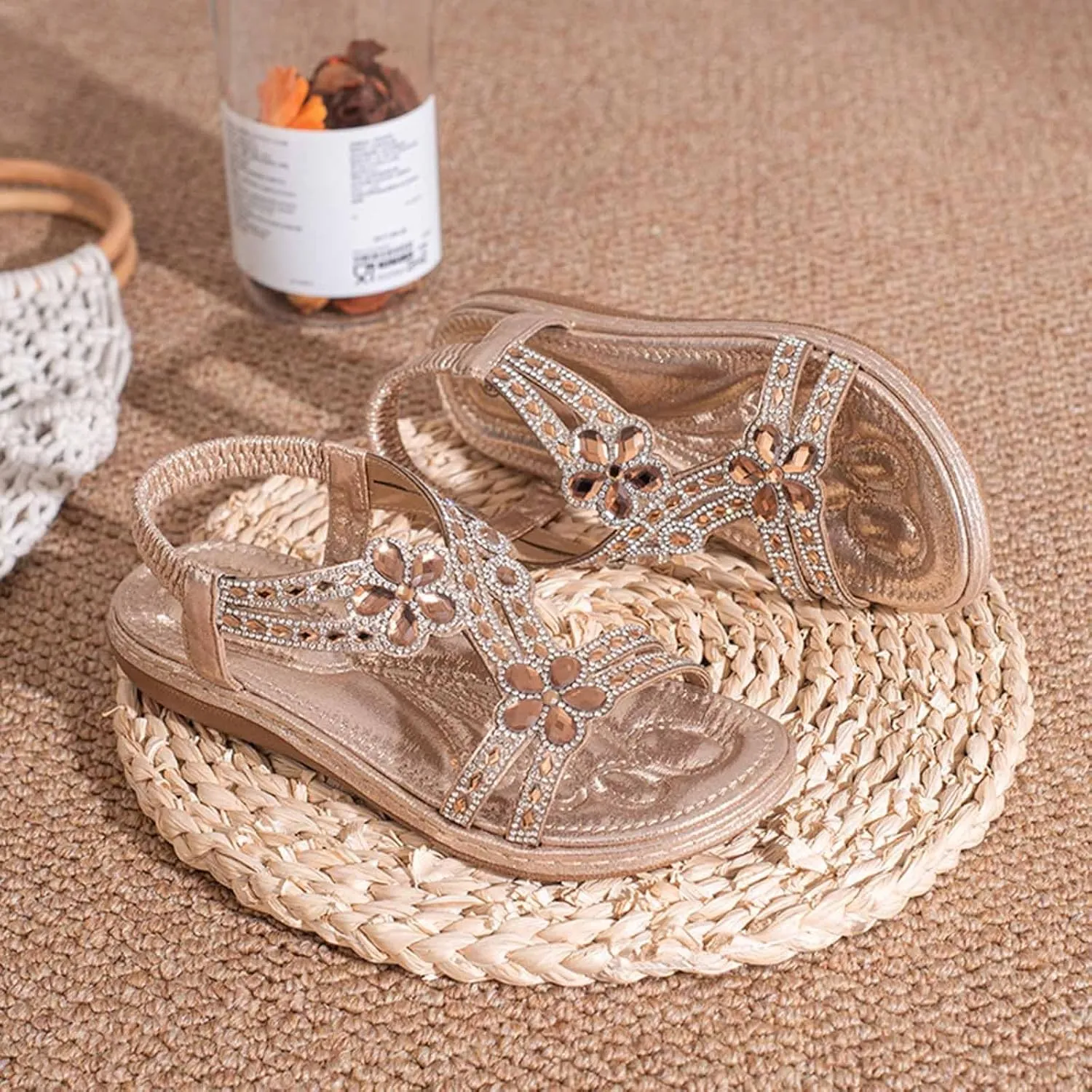 Women's Comfortable Vacation Sandals Casual Summer Comfortable Walking Shoes Rhinestone Decorative Sandals