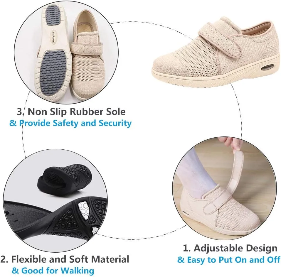 Womens Diabetic Walking Shoes Adjustable Outdoor Sneakers Recovery Easy On Off Strap Wide Width Slippers Comfort for Seniors Elderly Woman Swollen Feet, Edema, Foot Pain