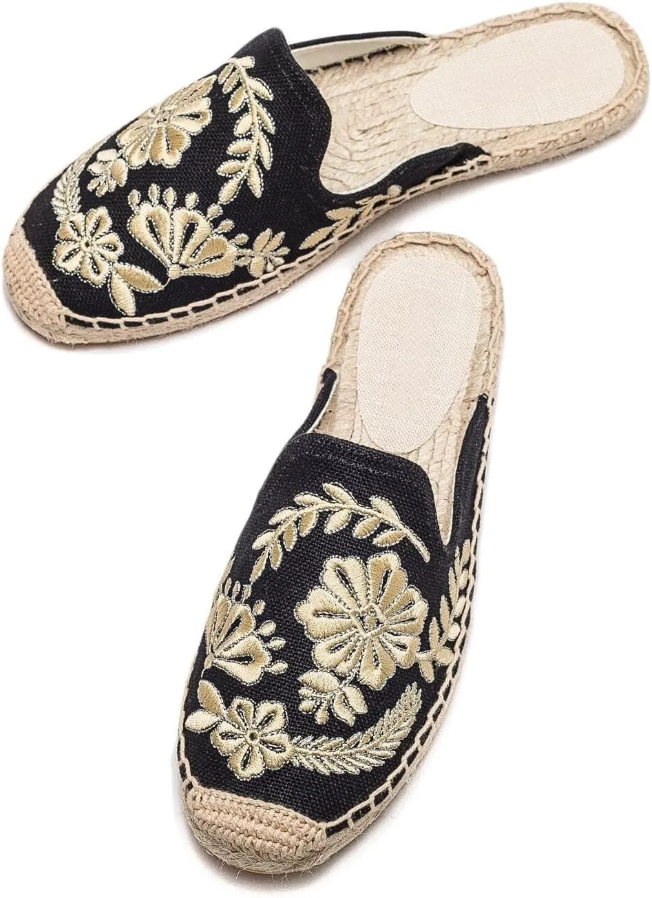Womens Embroidery Espadrille Mules Flats - Fashion Flats Shoes Comfortable Mule Shoes Breathable Espadrilles Anti-Slip Slipper