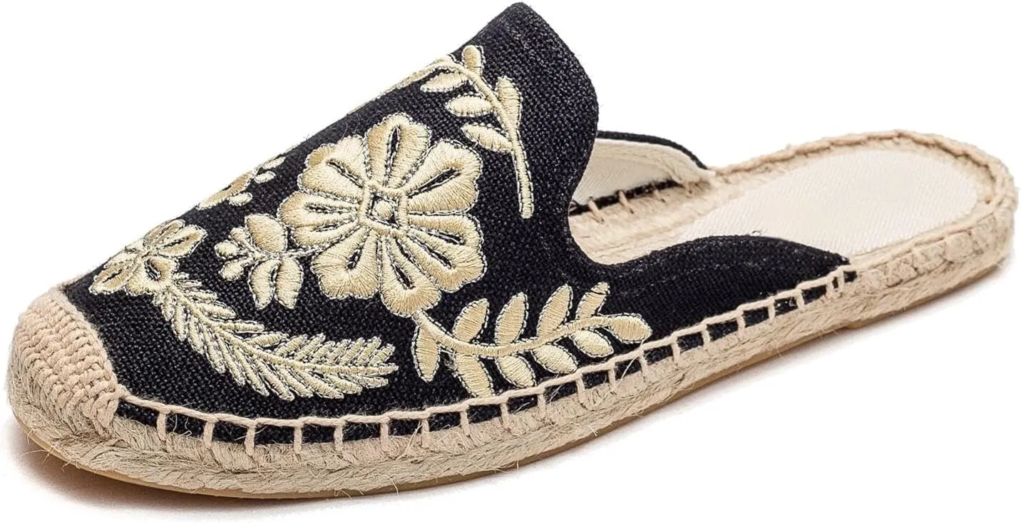Womens Embroidery Espadrille Mules Flats - Fashion Flats Shoes Comfortable Mule Shoes Breathable Espadrilles Anti-Slip Slipper