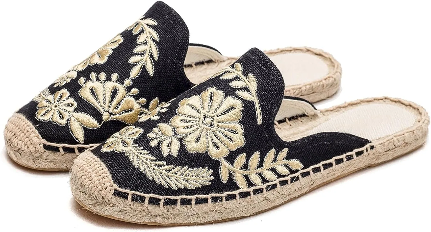 Womens Embroidery Espadrille Mules Flats - Fashion Flats Shoes Comfortable Mule Shoes Breathable Espadrilles Anti-Slip Slipper