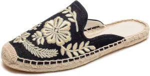 Womens Embroidery Espadrille Mules Flats - Fashion Flats Shoes Comfortable Mule Shoes Breathable Espadrilles Anti-Slip Slipper