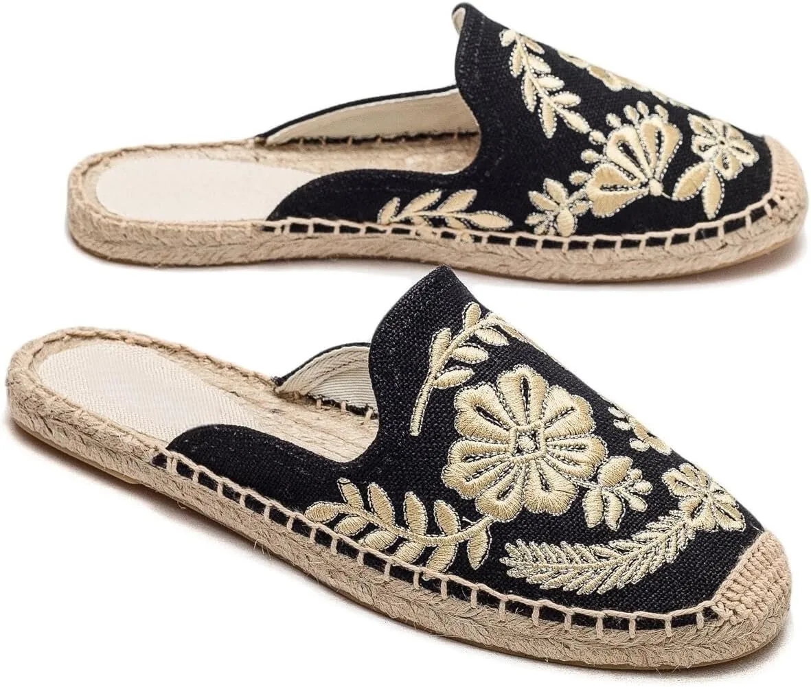 Womens Embroidery Espadrille Mules Flats - Fashion Flats Shoes Comfortable Mule Shoes Breathable Espadrilles Anti-Slip Slipper