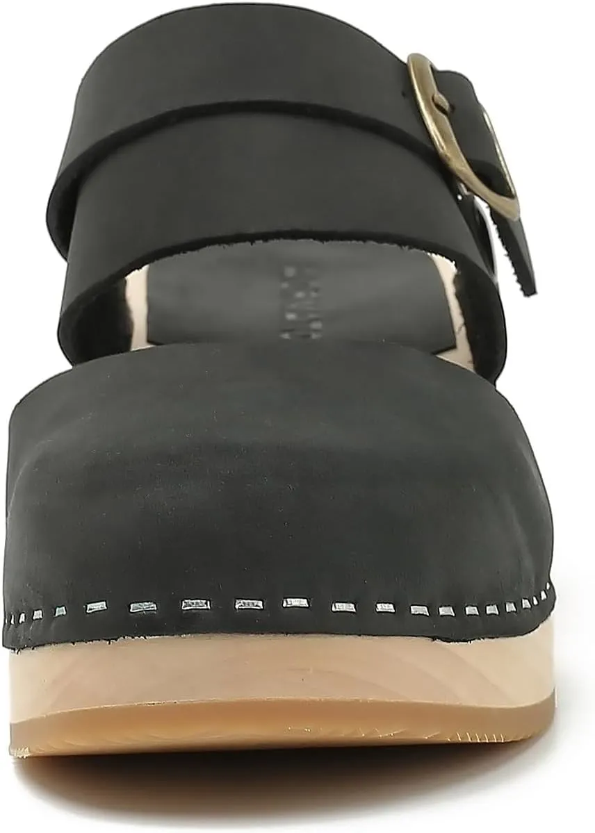 Women's Handmade Wooden Clog Mule 2.3" Open Back Leather Clogs Classic Ankle-Strap Clogs Mule for Long-Lasting Wear