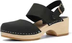 Women's Handmade Wooden Clog Mule 2.3" Open Back Leather Clogs Classic Ankle-Strap Clogs Mule for Long-Lasting Wear