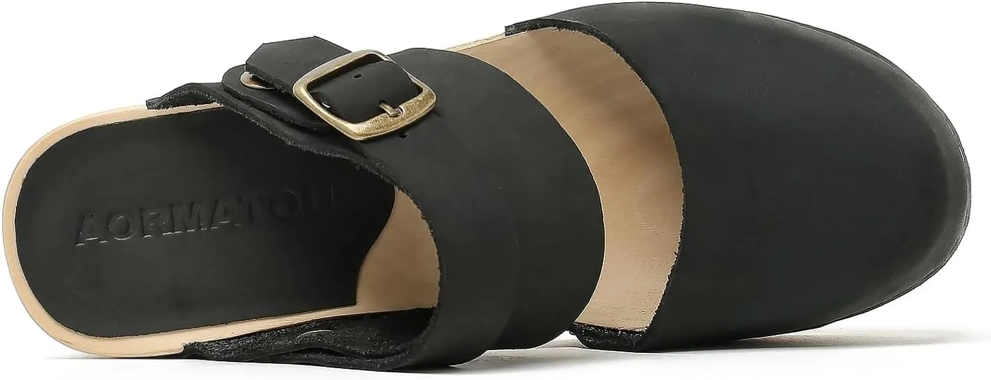 Women's Handmade Wooden Clog Mule 2.3" Open Back Leather Clogs Classic Ankle-Strap Clogs Mule for Long-Lasting Wear