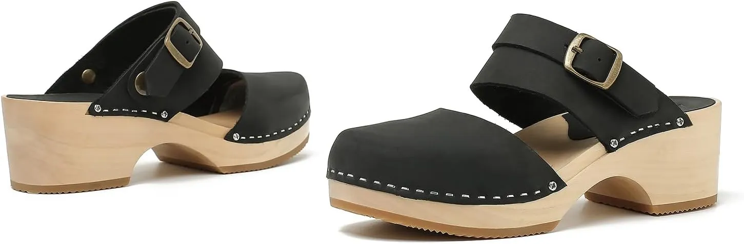Women's Handmade Wooden Clog Mule 2.3" Open Back Leather Clogs Classic Ankle-Strap Clogs Mule for Long-Lasting Wear