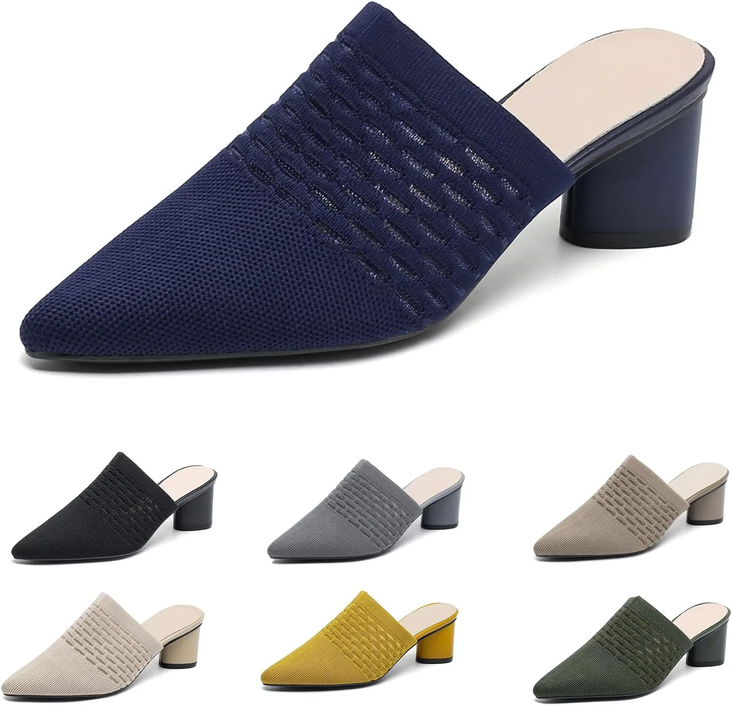 Women’s Knit Mesh Chunky Heel Mules Closed Pointed Toe Backless Slip On Mid Block Heel Dress Slide Sandals Summer Breathable Daily Party Pumps