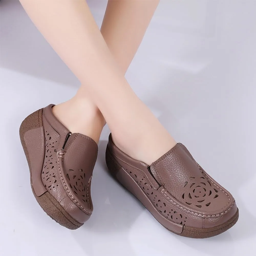 Women's Leather Closed Toe Clogs,Comfort Cutout Arch Support Softsole Slip-On Mules Loafers Slides