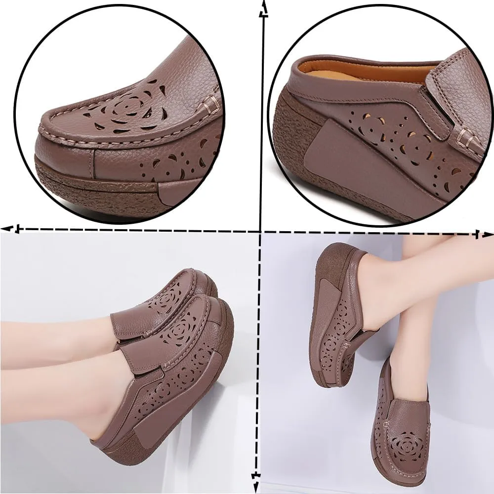 Women's Leather Closed Toe Clogs,Comfort Cutout Arch Support Softsole Slip-On Mules Loafers Slides