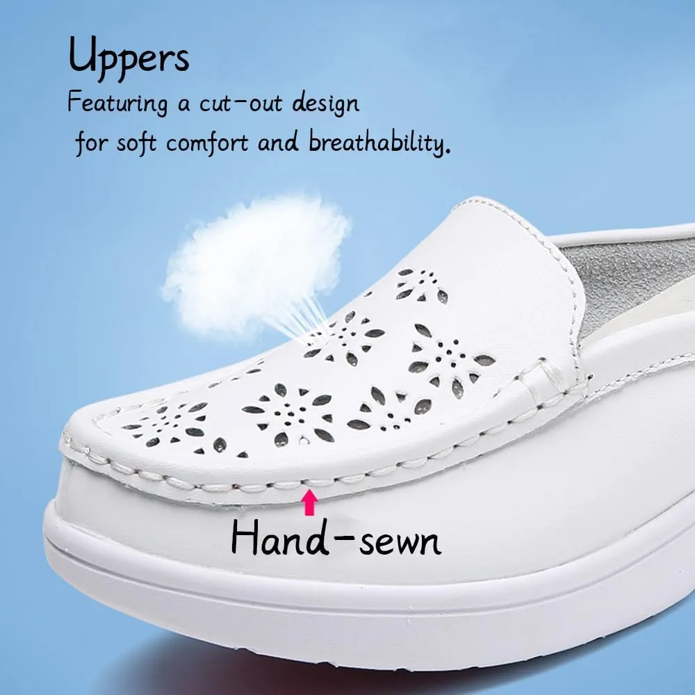 Women's Leather Closed Toe Clogs,Comfort Cutout Arch Support Softsole Slip-On Mules Loafers Slides