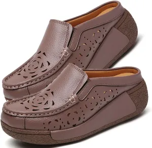 Women's Leather Closed Toe Clogs,Comfort Cutout Arch Support Softsole Slip-On Mules Loafers Slides