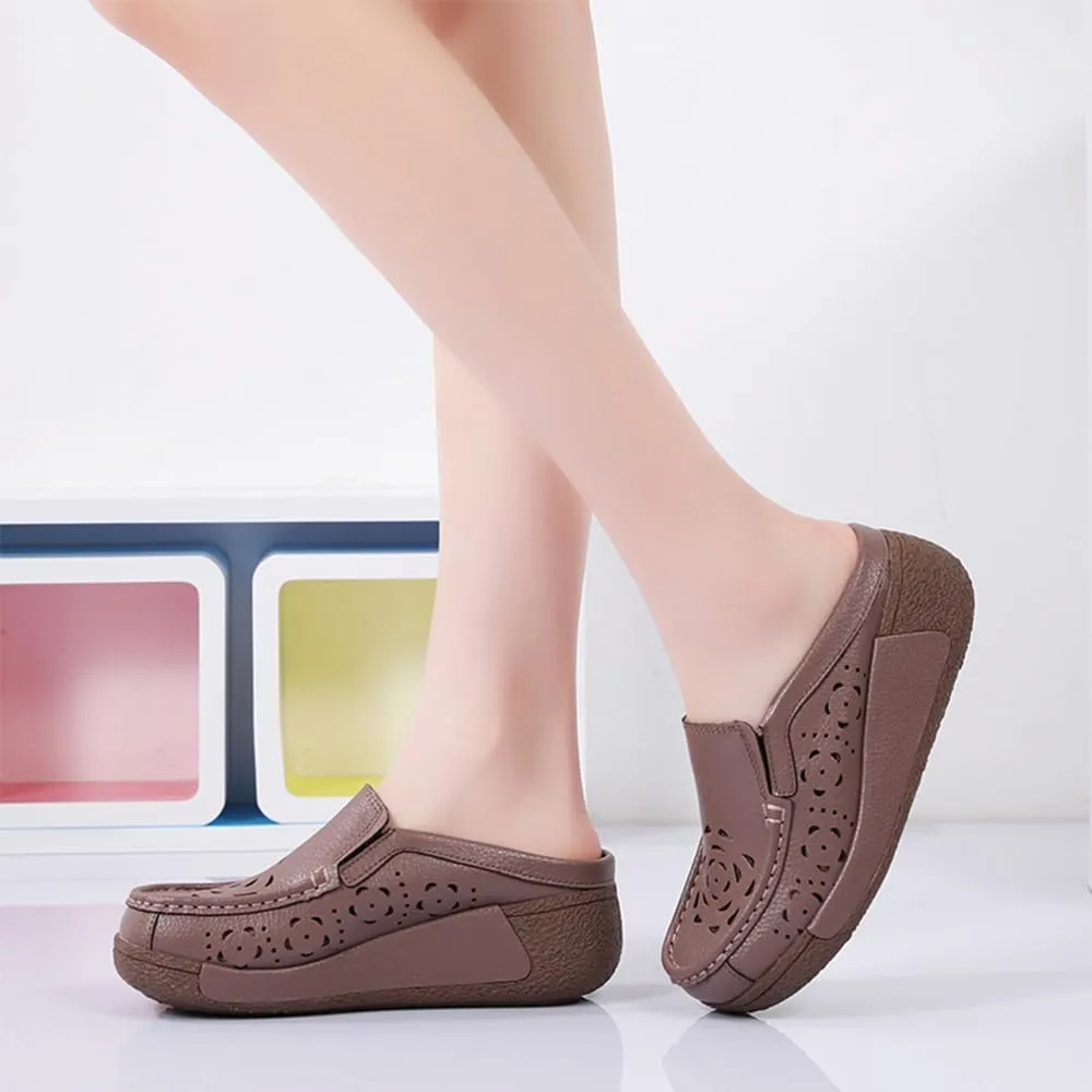Women's Leather Closed Toe Clogs,Comfort Cutout Arch Support Softsole Slip-On Mules Loafers Slides
