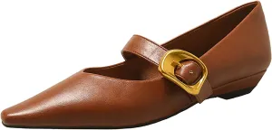 Women's Leather Low Heels Mary Jane Shoes with Easy Buckle Pointed Toe Slip On Flats for Work Casual Parties Dress