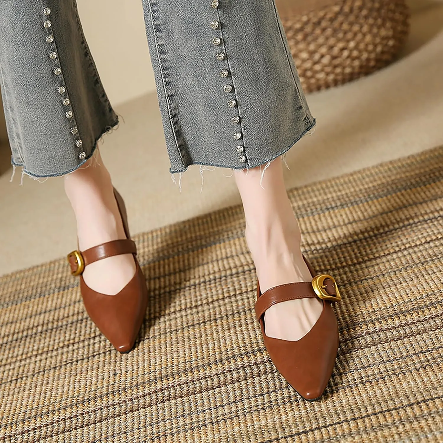 Women's Leather Low Heels Mary Jane Shoes with Easy Buckle Pointed Toe Slip On Flats for Work Casual Parties Dress