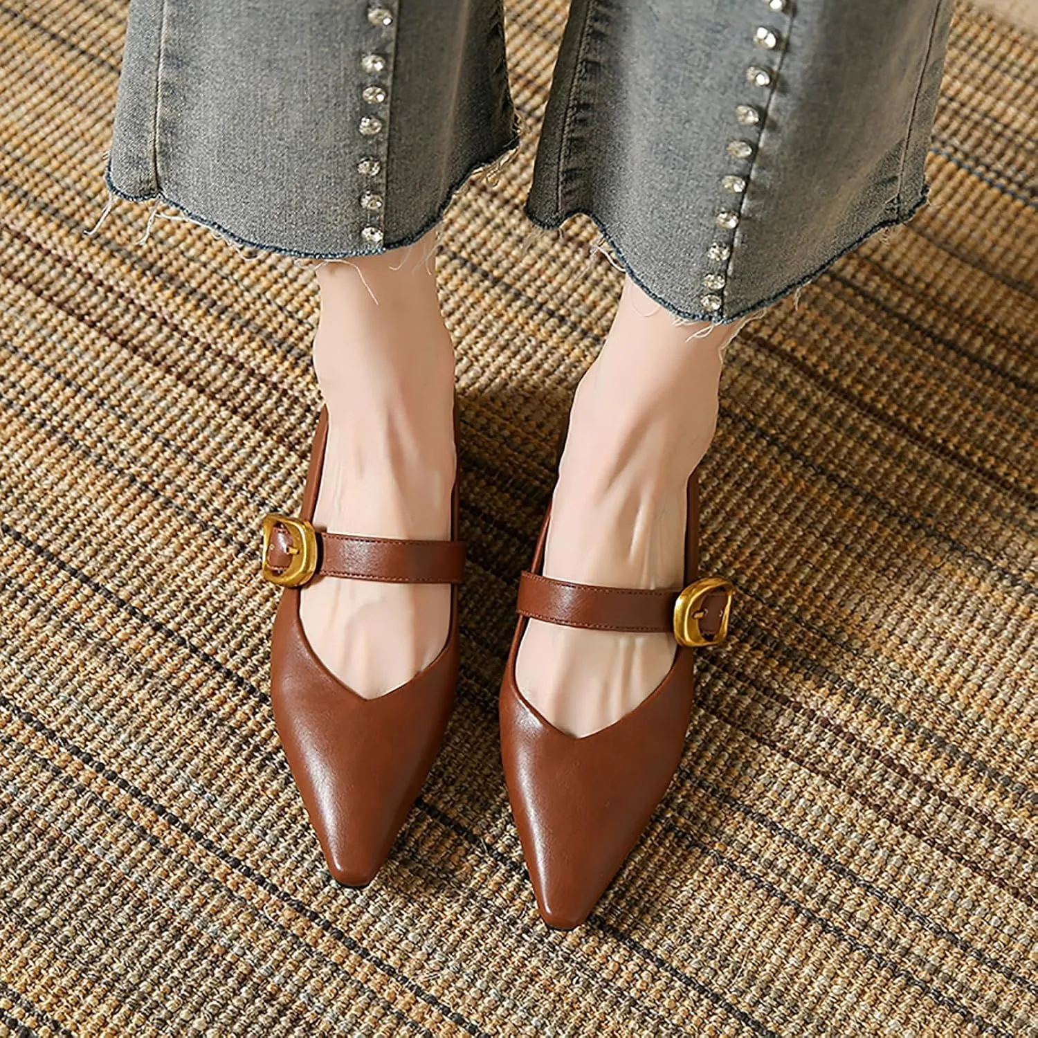Women's Leather Low Heels Mary Jane Shoes with Easy Buckle Pointed Toe Slip On Flats for Work Casual Parties Dress