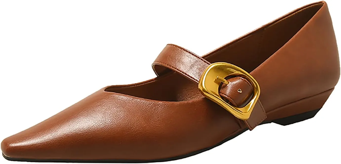 Women's Leather Low Heels Mary Jane Shoes with Easy Buckle Pointed Toe Slip On Flats for Work Casual Parties Dress