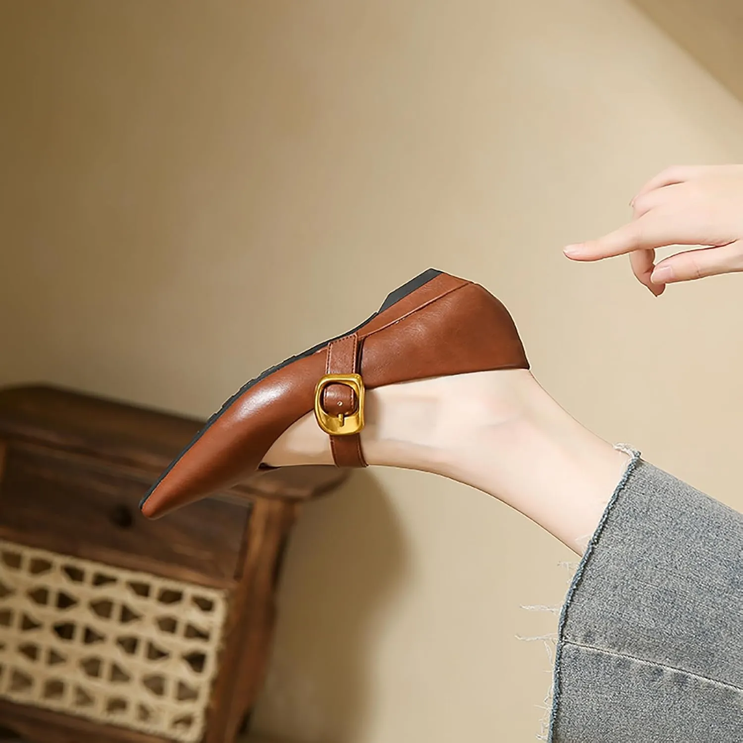 Women's Leather Low Heels Mary Jane Shoes with Easy Buckle Pointed Toe Slip On Flats for Work Casual Parties Dress