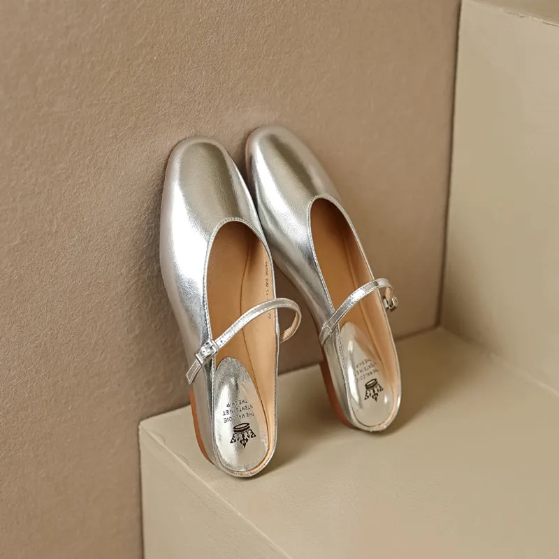 Women's Leather Metallic Color Flat Comfort Mary Jane Mule Shoes