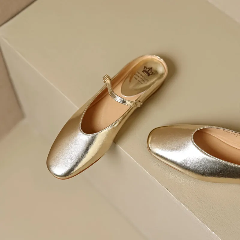 Women's Leather Metallic Color Flat Comfort Mary Jane Mule Shoes