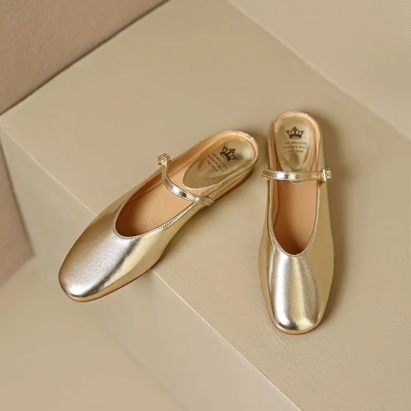 Women's Leather Metallic Color Flat Comfort Mary Jane Mule Shoes