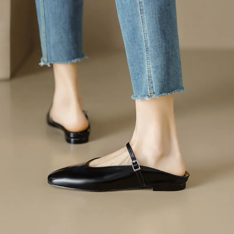 Women's Leather Metallic Color Flat Comfort Mary Jane Mule Shoes