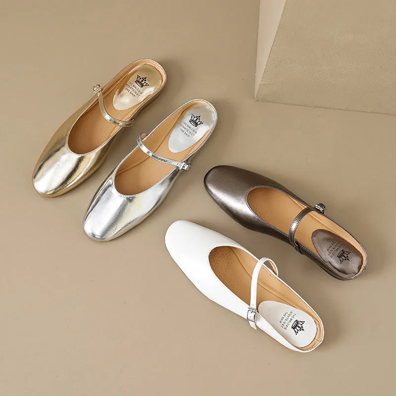 Women's Leather Metallic Color Flat Comfort Mary Jane Mule Shoes