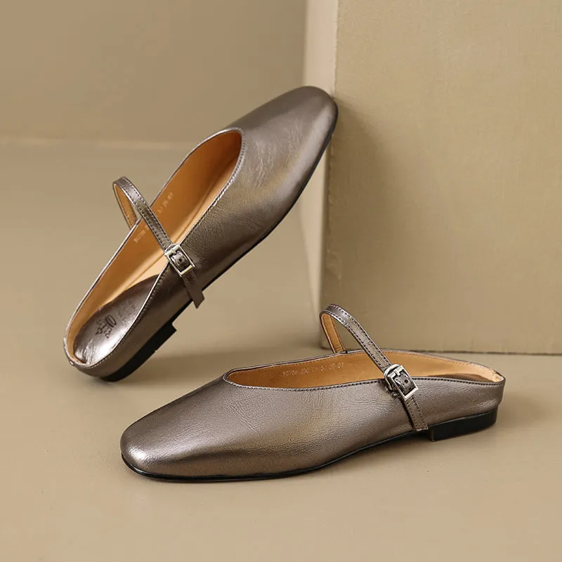 Women's Leather Metallic Color Flat Comfort Mary Jane Mule Shoes