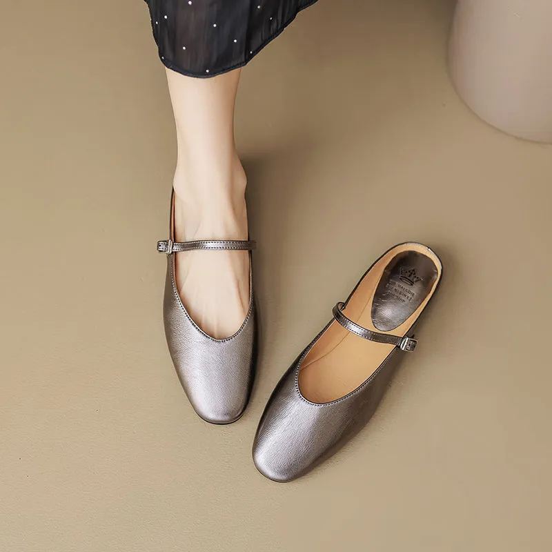 Women's Leather Metallic Color Flat Comfort Mary Jane Mule Shoes