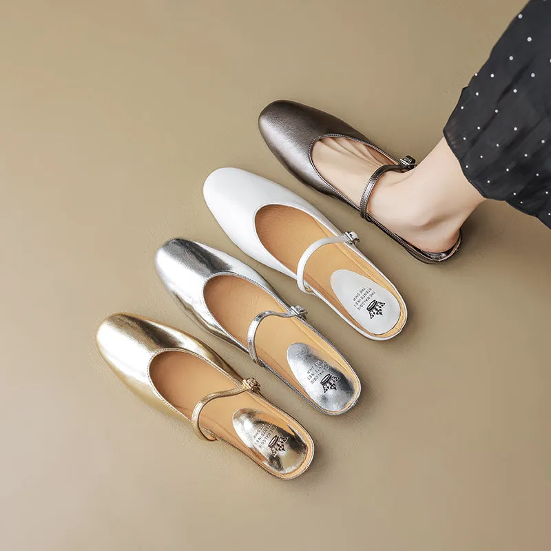 Women's Leather Metallic Color Flat Comfort Mary Jane Mule Shoes