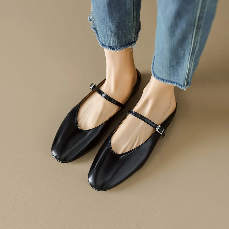 Women's Leather Metallic Color Flat Comfort Mary Jane Mule Shoes