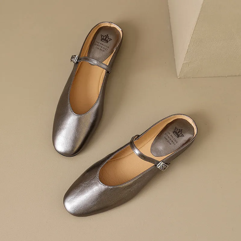 Women's Leather Metallic Color Flat Comfort Mary Jane Mule Shoes