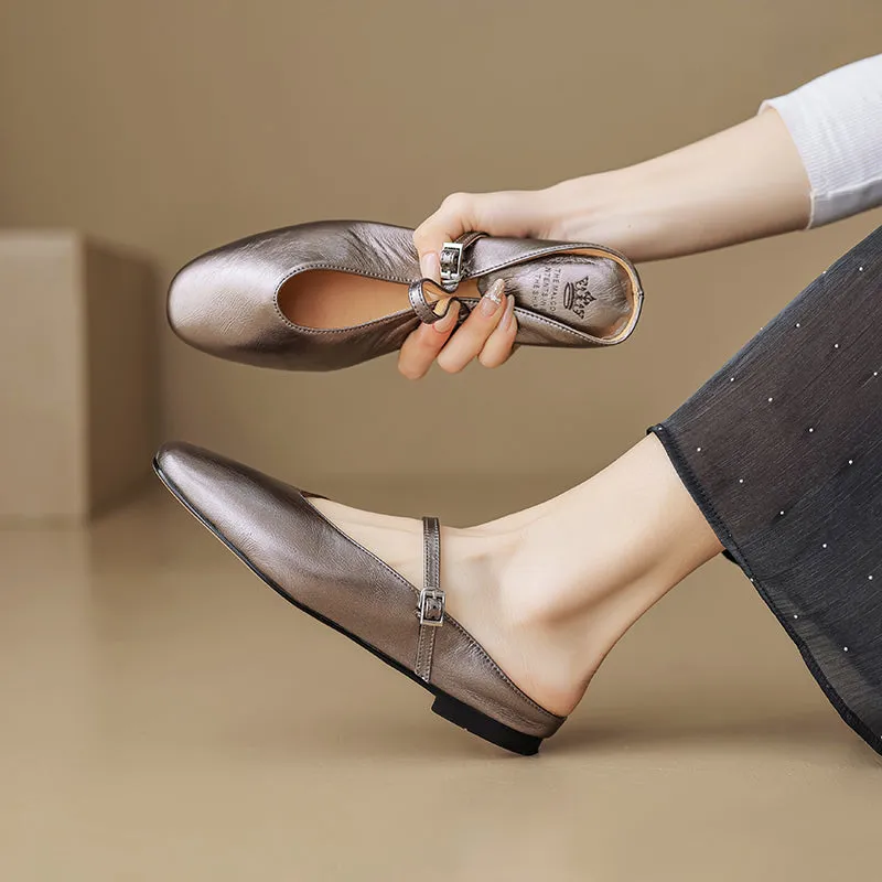 Women's Leather Metallic Color Flat Comfort Mary Jane Mule Shoes