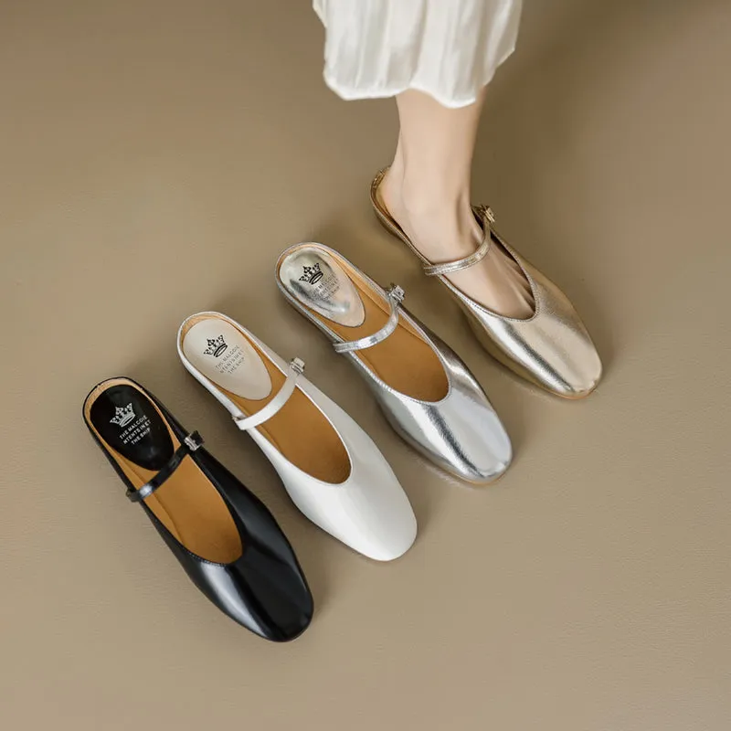 Women's Leather Metallic Color Flat Comfort Mary Jane Mule Shoes