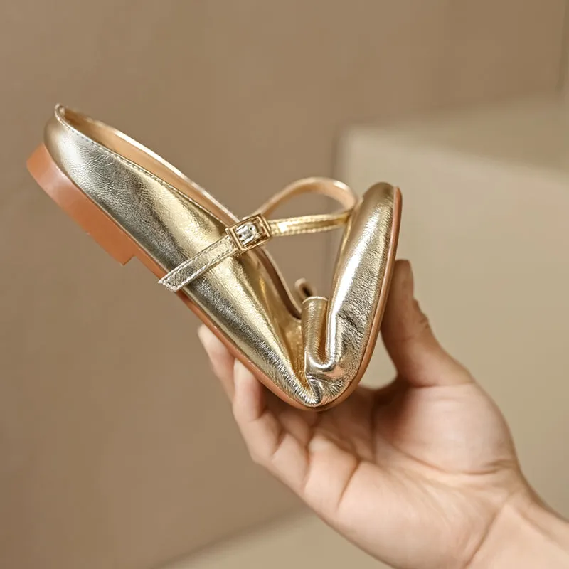 Women's Leather Metallic Color Flat Comfort Mary Jane Mule Shoes