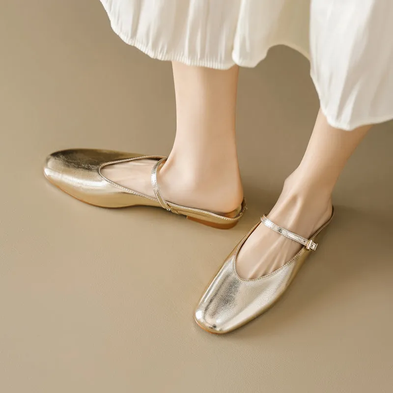 Women's Leather Metallic Color Flat Comfort Mary Jane Mule Shoes