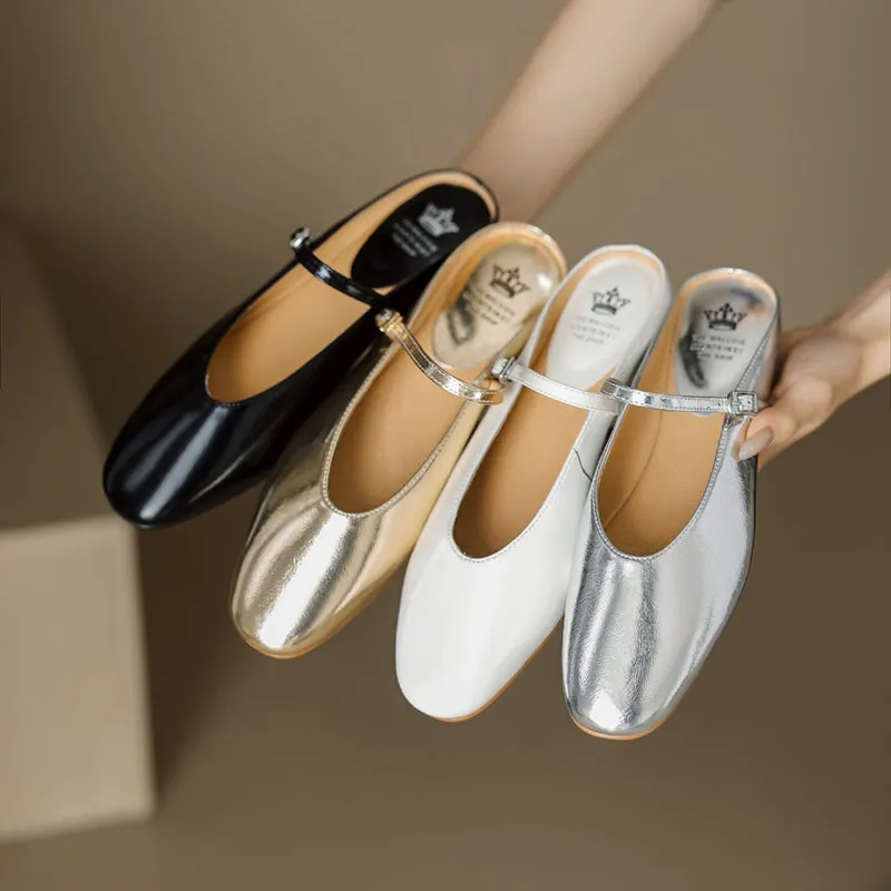 Women's Leather Metallic Color Flat Comfort Mary Jane Mule Shoes