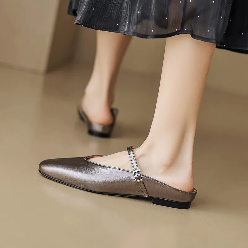 Women's Leather Metallic Color Flat Comfort Mary Jane Mule Shoes