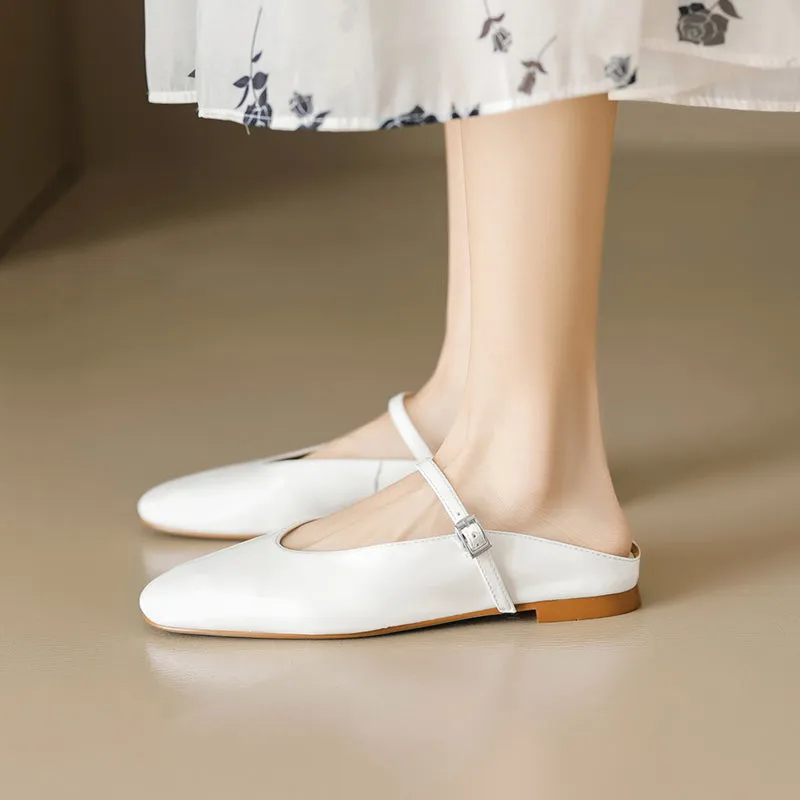 Women's Leather Metallic Color Flat Comfort Mary Jane Mule Shoes