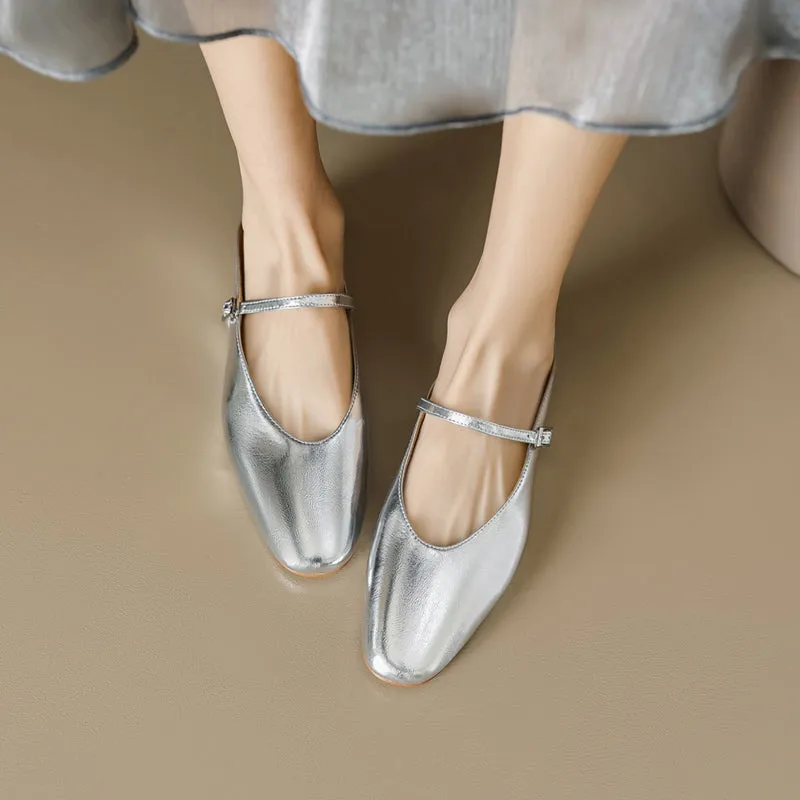Women's Leather Metallic Color Flat Comfort Mary Jane Mule Shoes